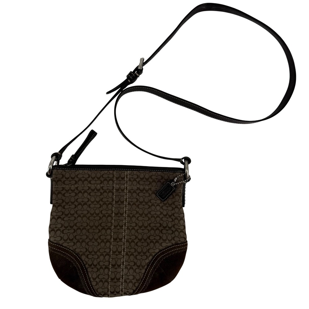 Vintage Y2K Coach Signature Jacquard Canvas Crossbody Bag Brown Suede Trim
